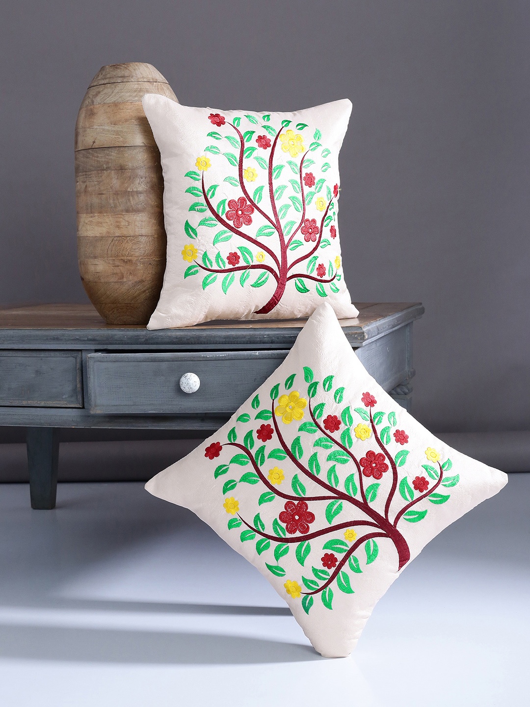 

Alina decor Beige & Green Set of 2 Embroidered Square Cushion Covers