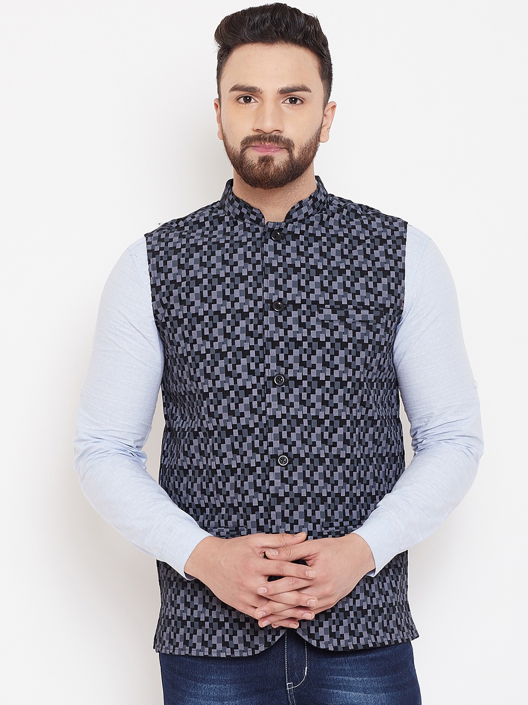 

even Men Black & Grey Printed Woven Nehru Jacket