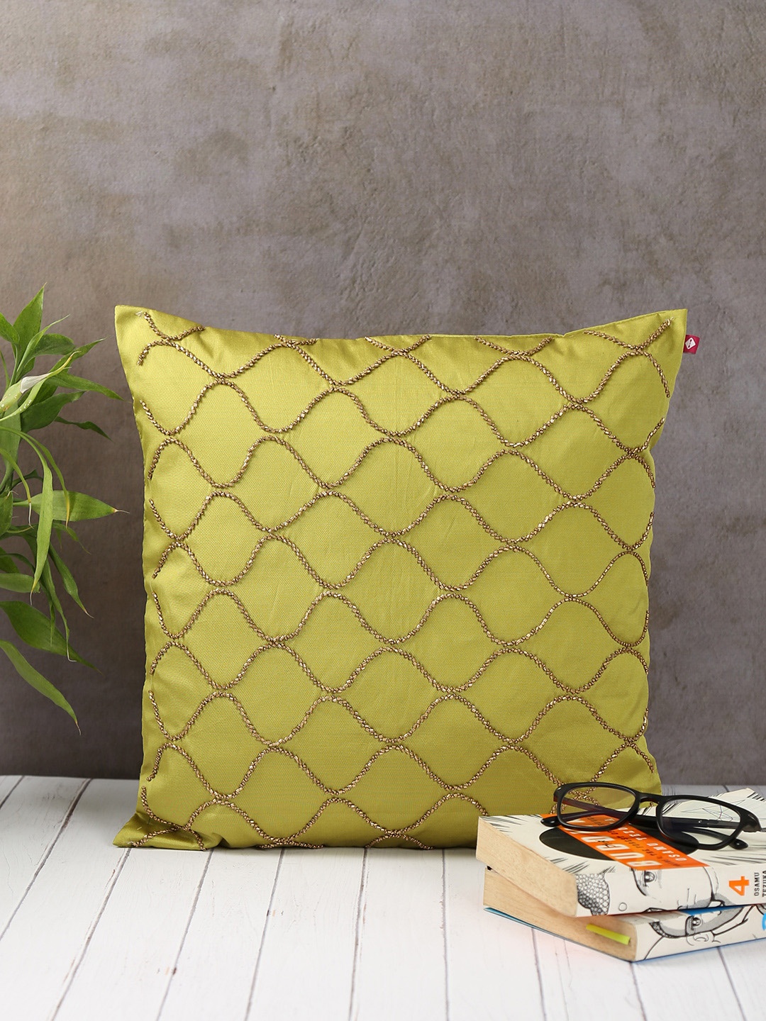 

India Circus by Krsnaa Mehta Olive Green Single Embellished Square Cushion Covers