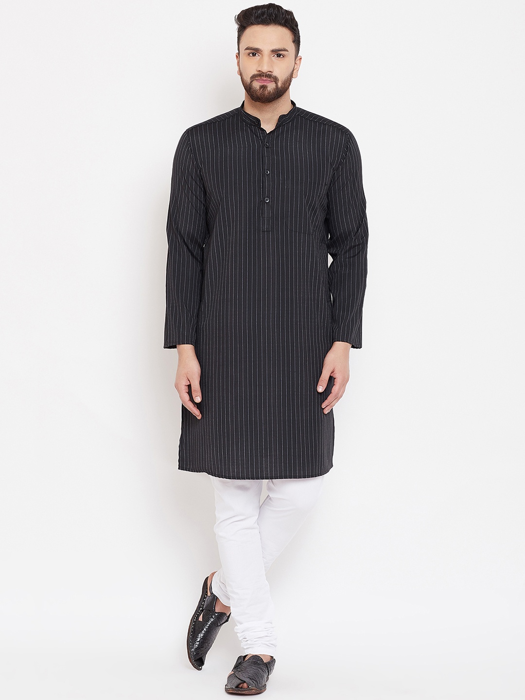 

even Men Black & Grey Striped Straight Kurta