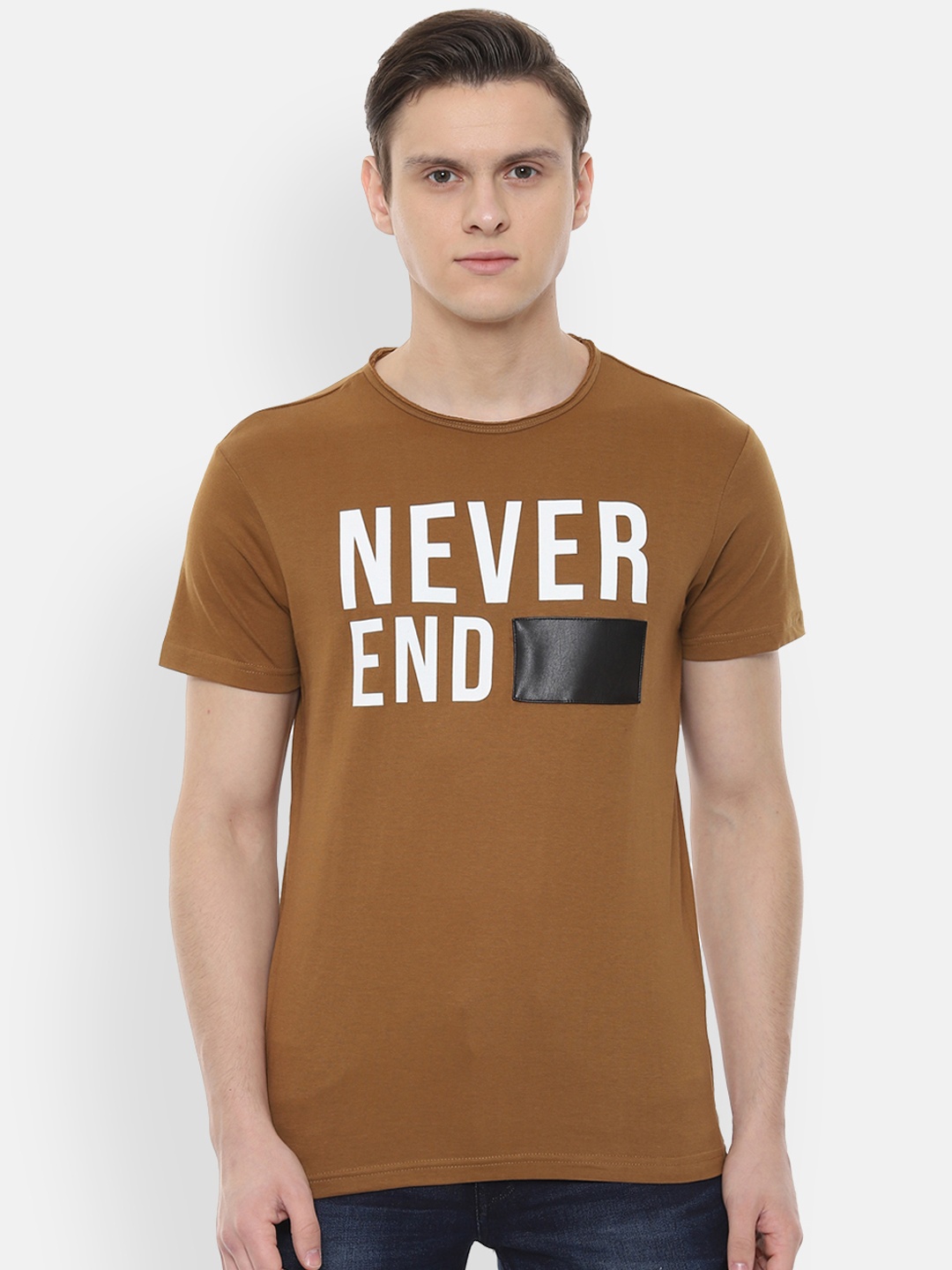 

People Men Brown White Printed Round Neck Pure Cotton T-shirt