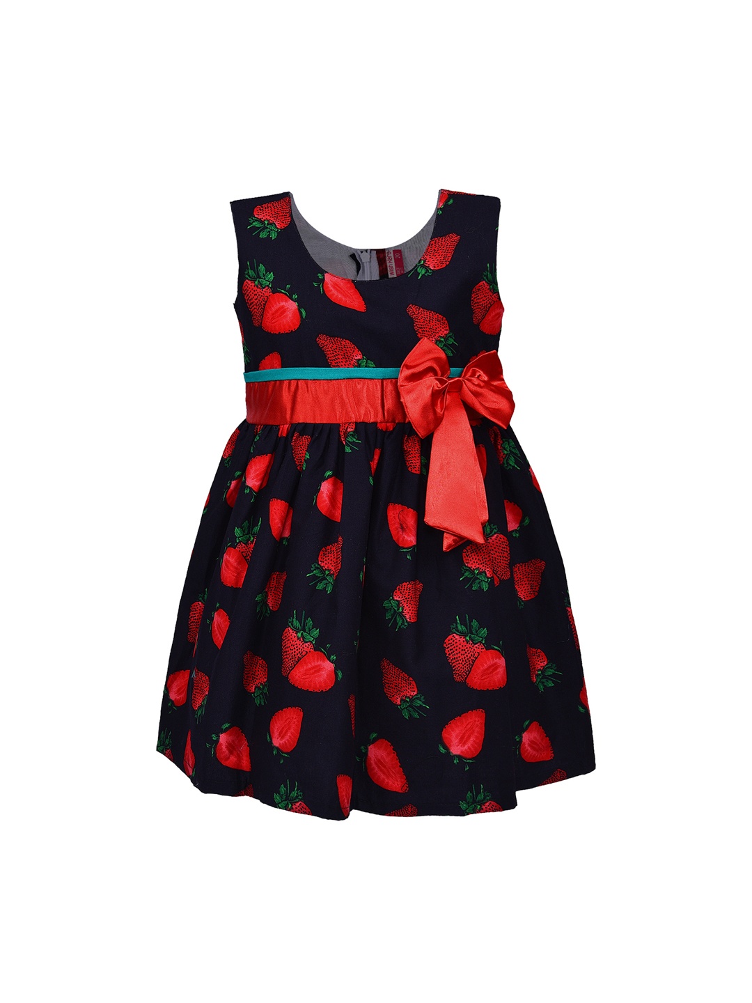 Wish Karo Girls Red & Black Strawberry Printed Fit and Flare Dress
