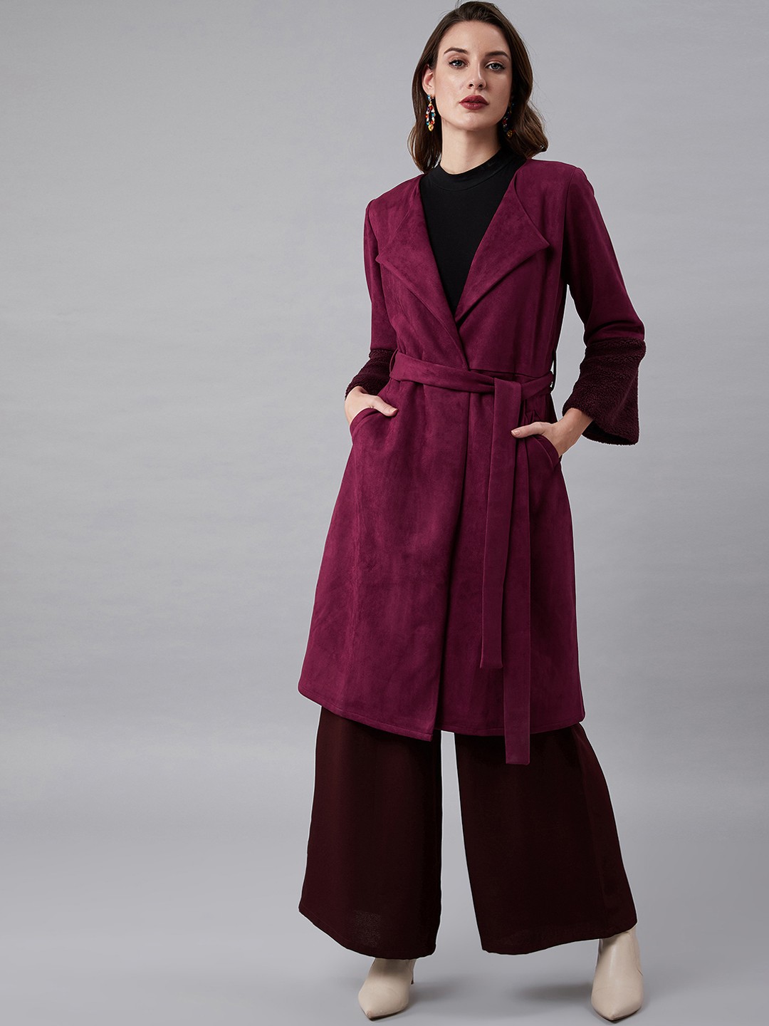 

Athena Women Magenta Solid Suede Knee-Length Faux Fur Trim Wrap Coat