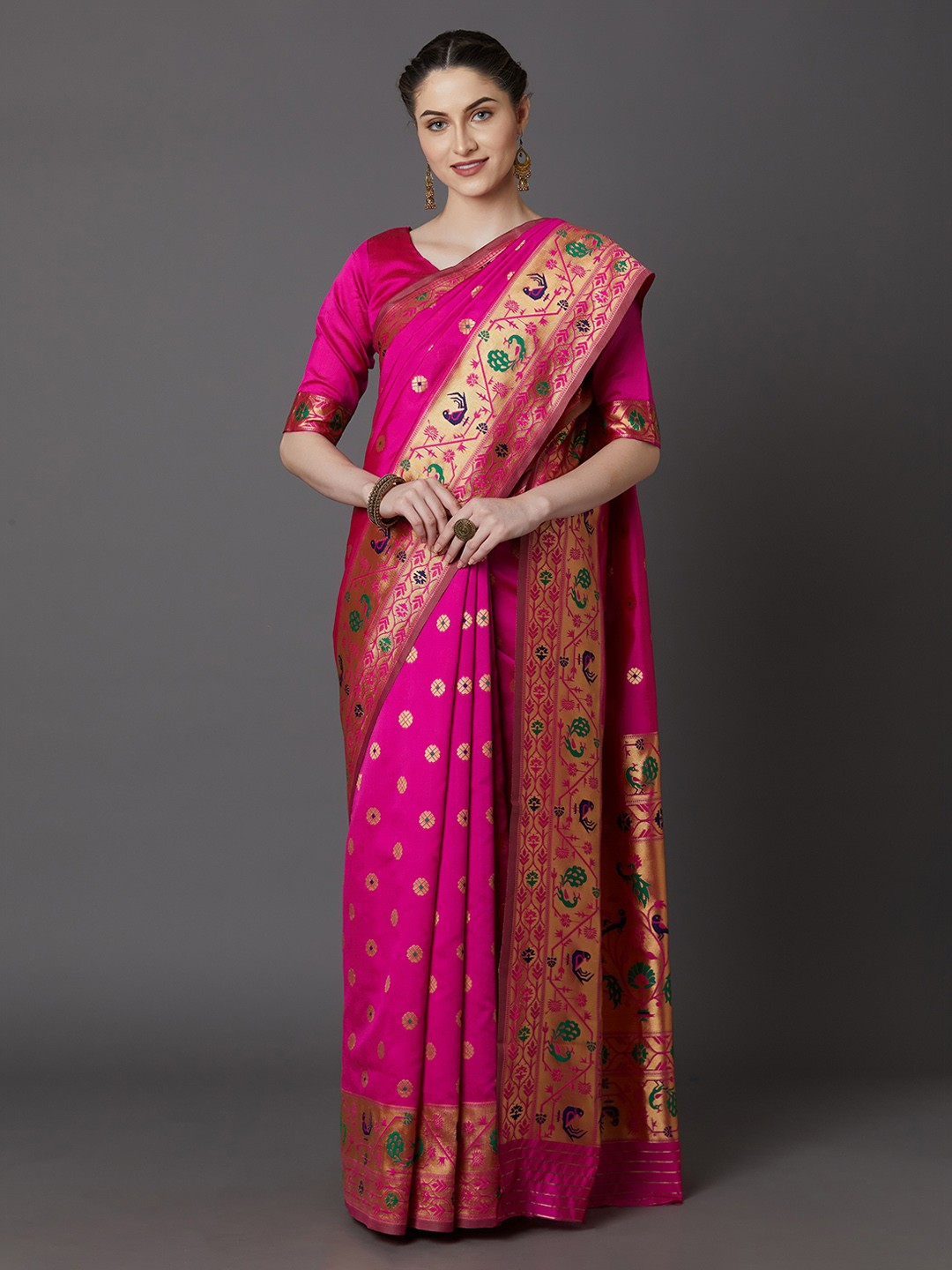 

Mitera Pink Silk Blend Woven Design Banarasi Saree