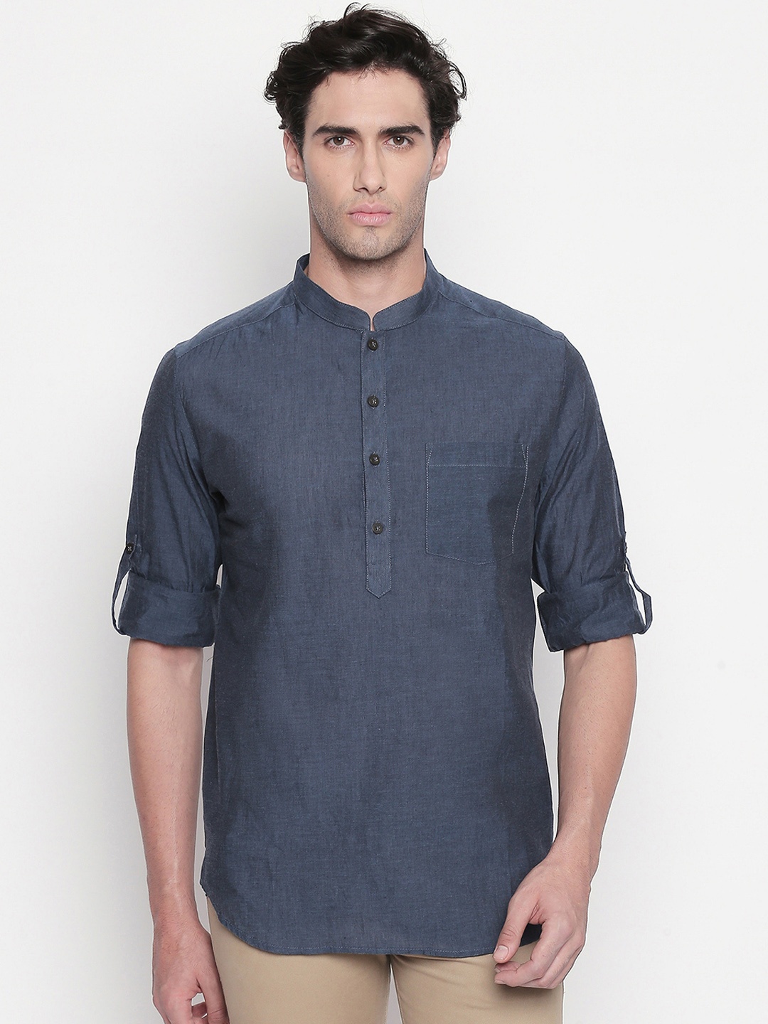 

indus route by Pantaloons Men Navy Blue Solid Straight Kurta