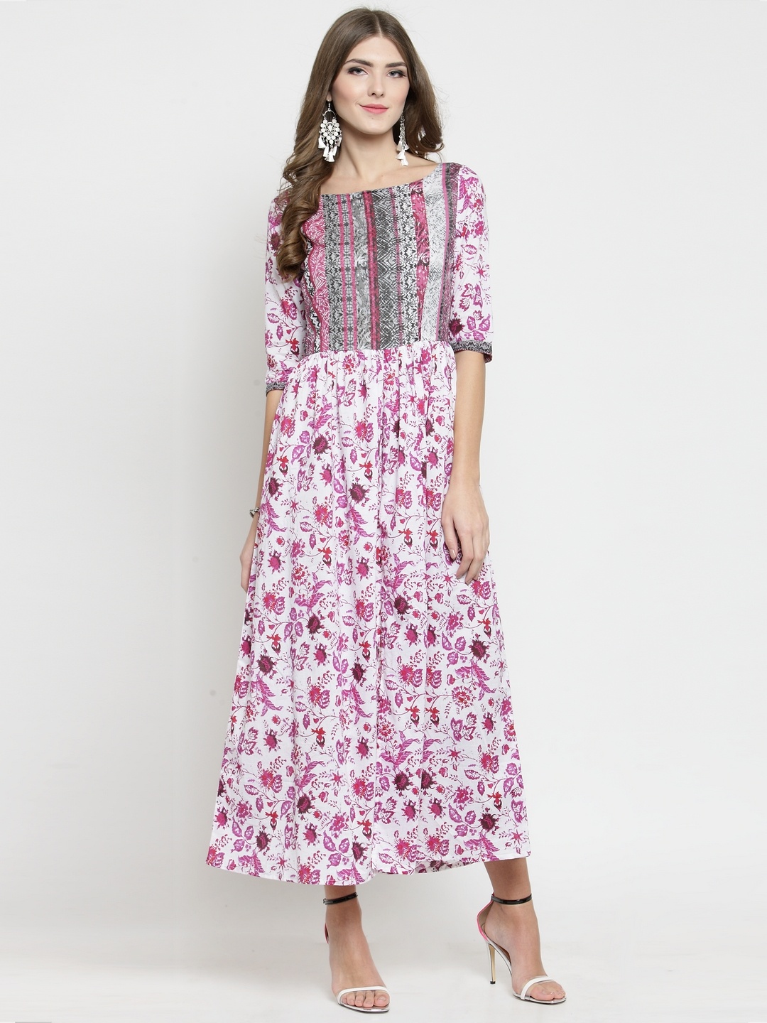 Sera Women White Floral Printed Fit and Flare Dress