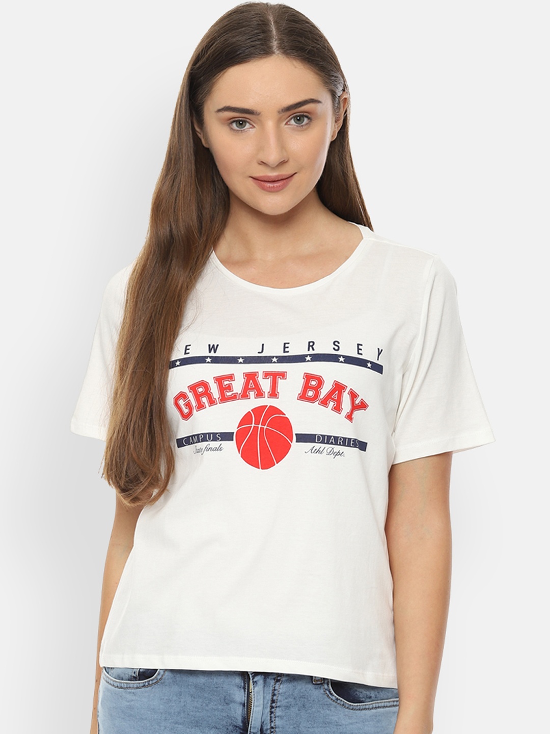 

People Women White Printed Round Neck Pure Cotton T-shirt