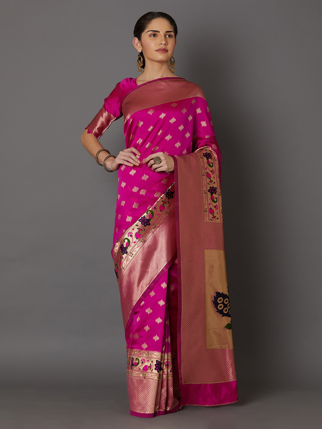 

Mitera Pink Silk Blend Woven Design Kanjeevaram Saree