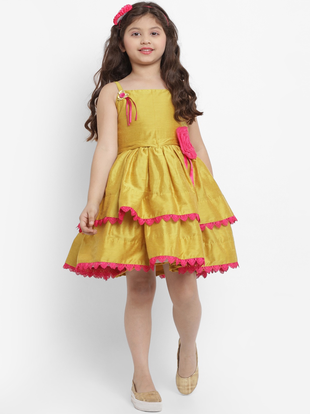Bitiya by Bhama Girls Mustard Yellow Self Design Fit and Flare Dress