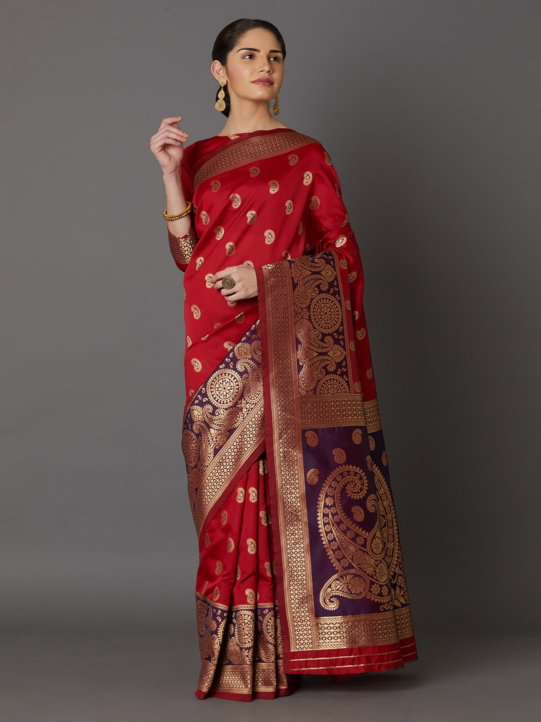 

Mitera Rose & Gold-Coloured Silk Blend Woven Design Kanjeevaram Saree