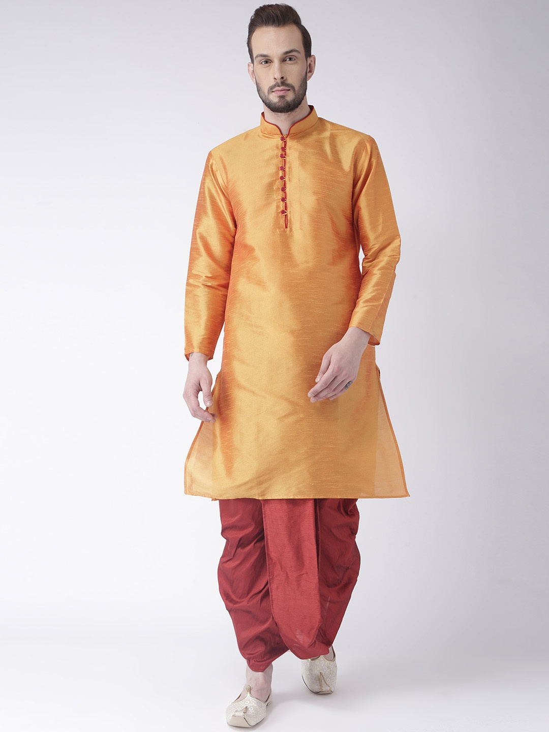 

Hangup Men Gold-Coloured & Maroon Solid Kurta with Dhoti Pants