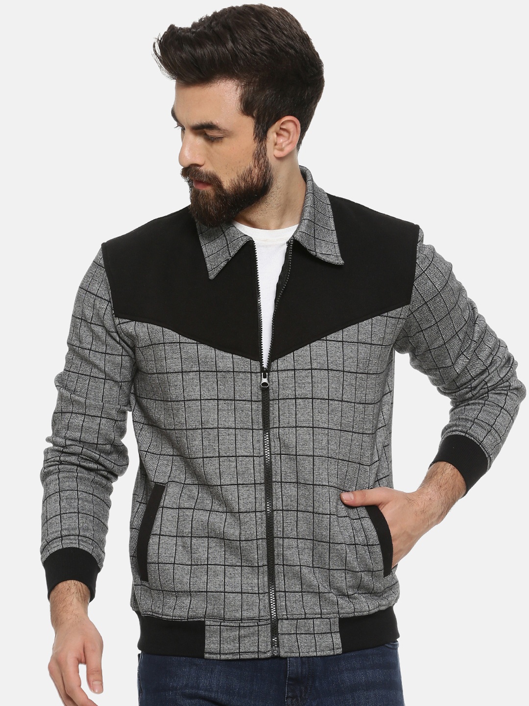 

Campus Sutra Men Grey & Black Checked Bomber Jacket
