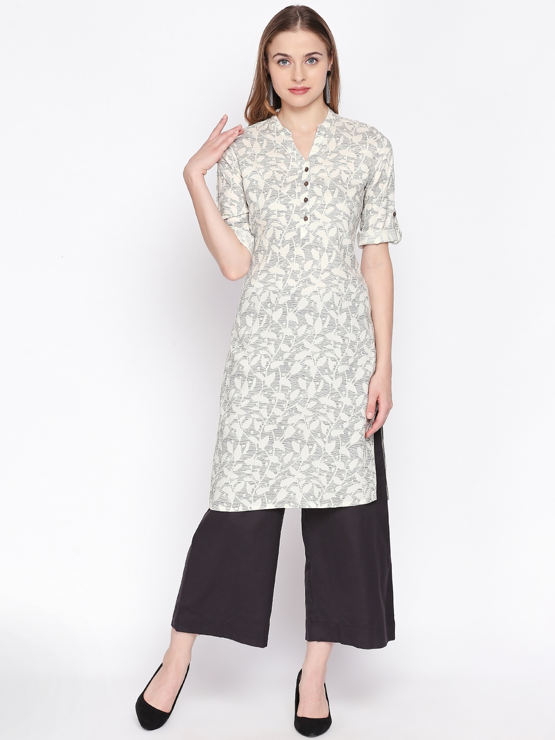

RANGMANCH BY PANTALOONS Women Off-White & Grey Printed Straight Kurta