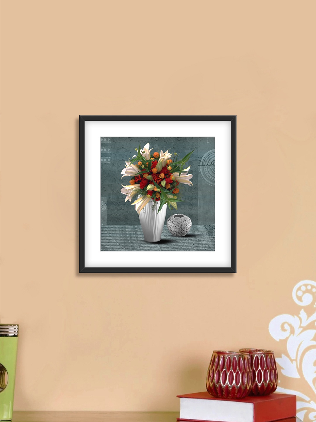 

999Store Grey & White Flowers Pot Cotton Canvas Digitally Printed Wall Art