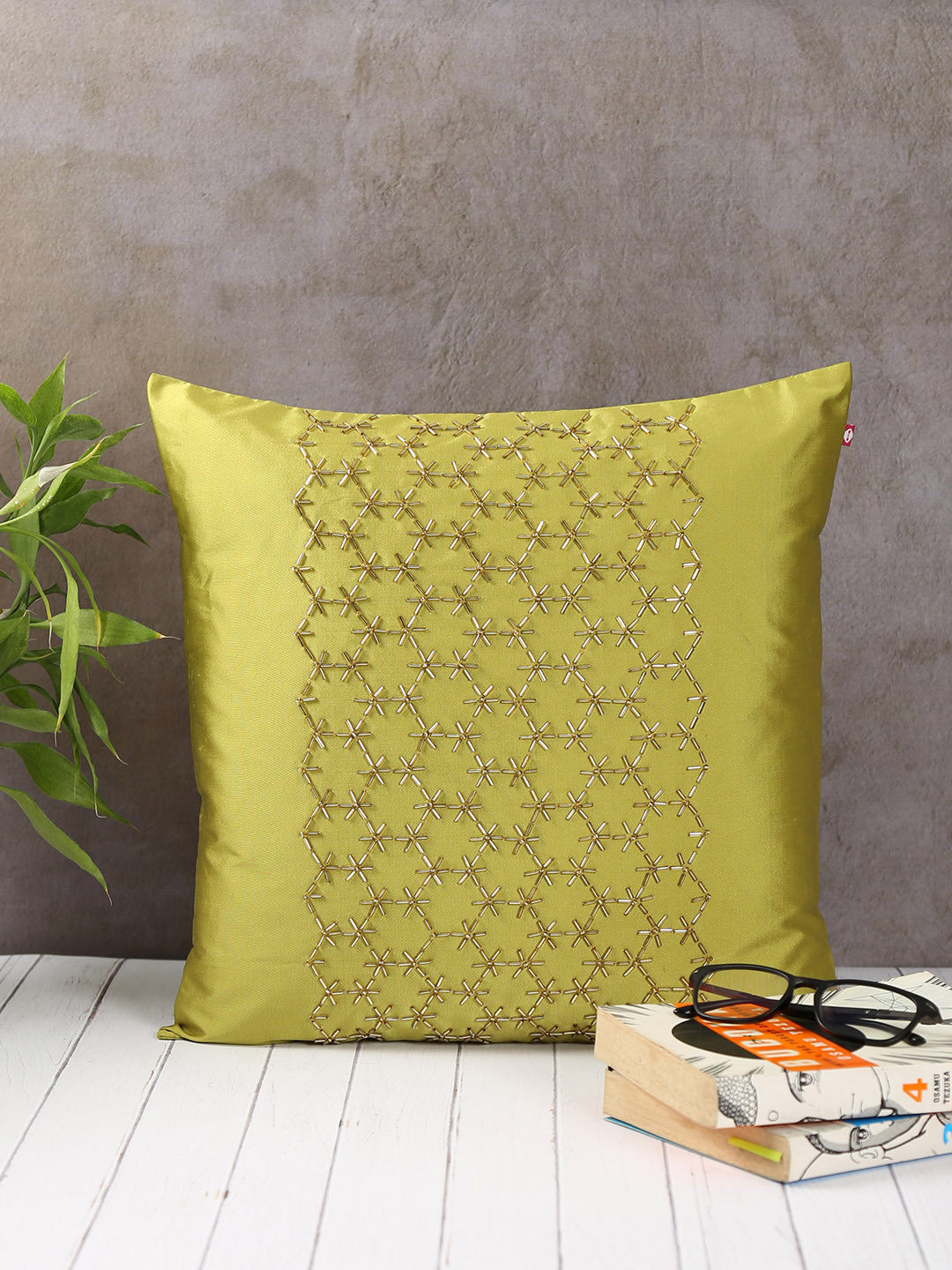 

India Circus by Krsnaa Mehta Olive Green Single Embellished Square Cushion Covers