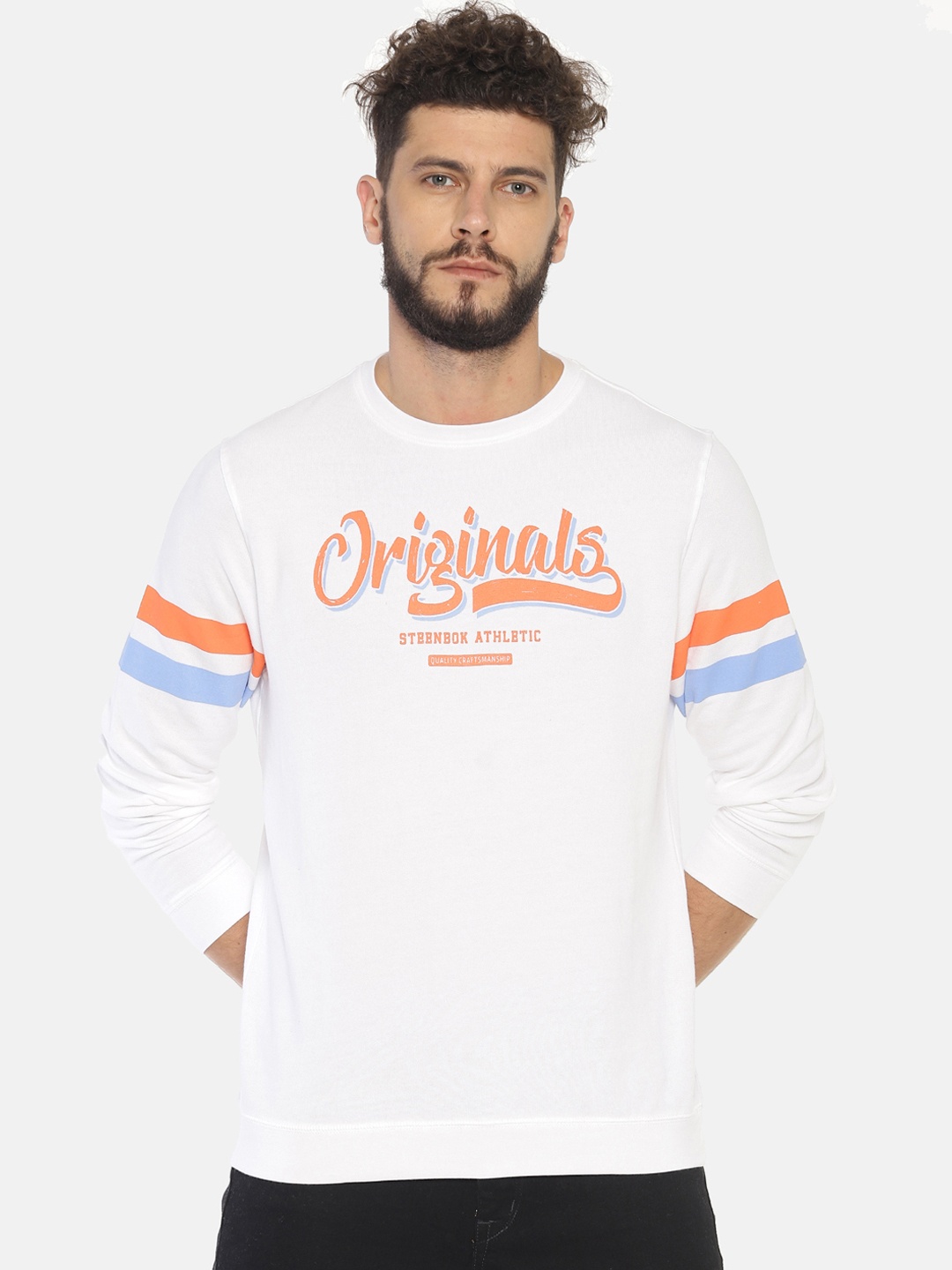 

Steenbok Men White & Orange Printed Pullover Sweatshirt