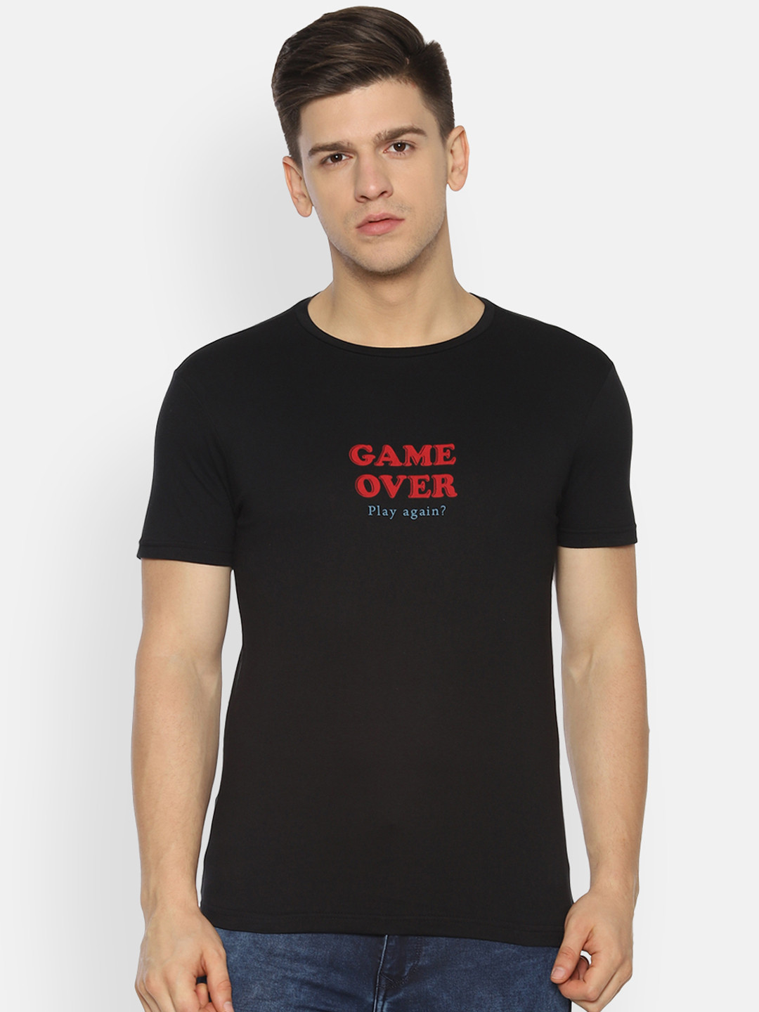 

People Men Black Red Solid Round Neck Pure Cotton T-shirt