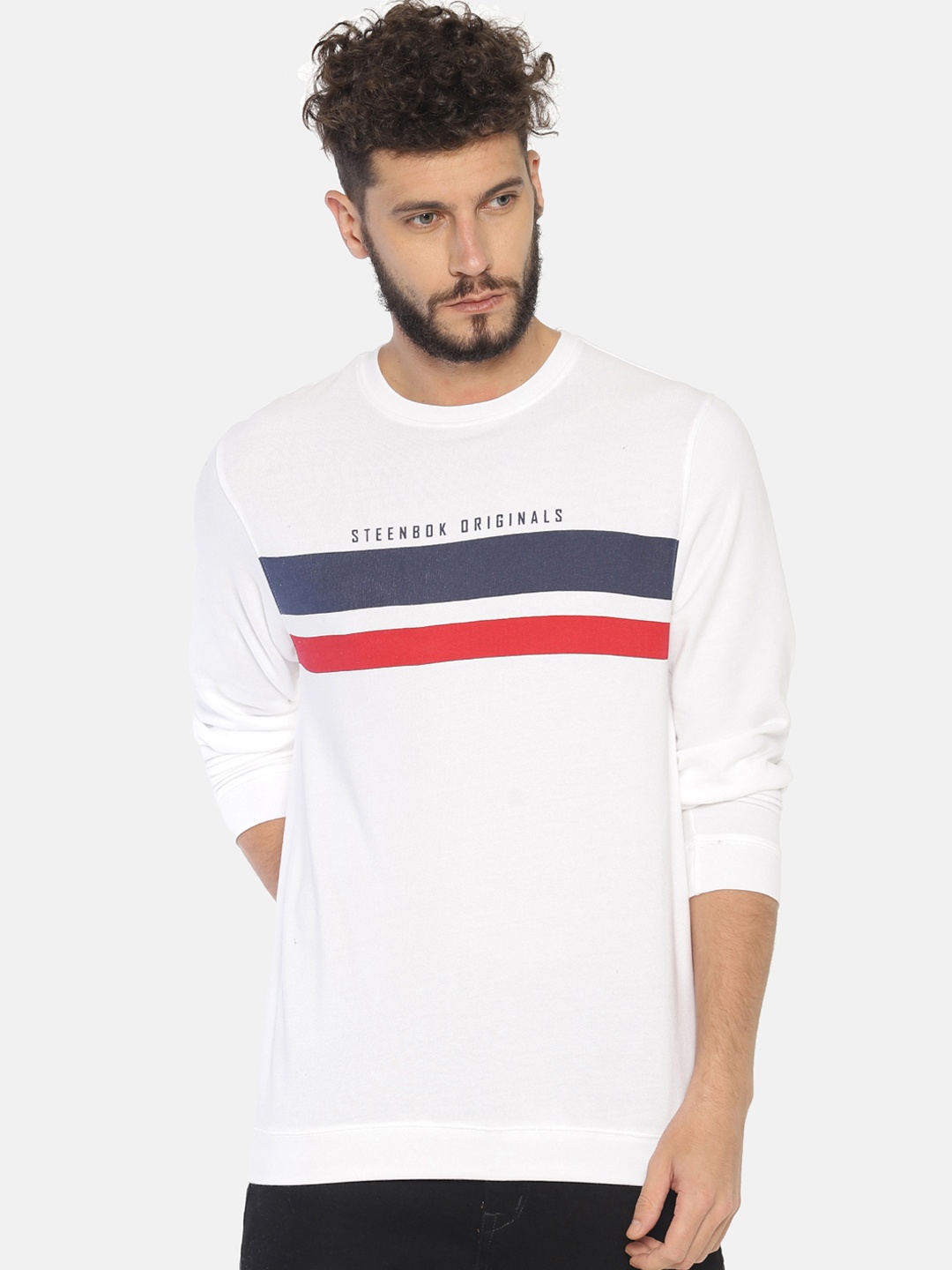 

Steenbok Men White & Blue Striped Pullover Sweatshirt