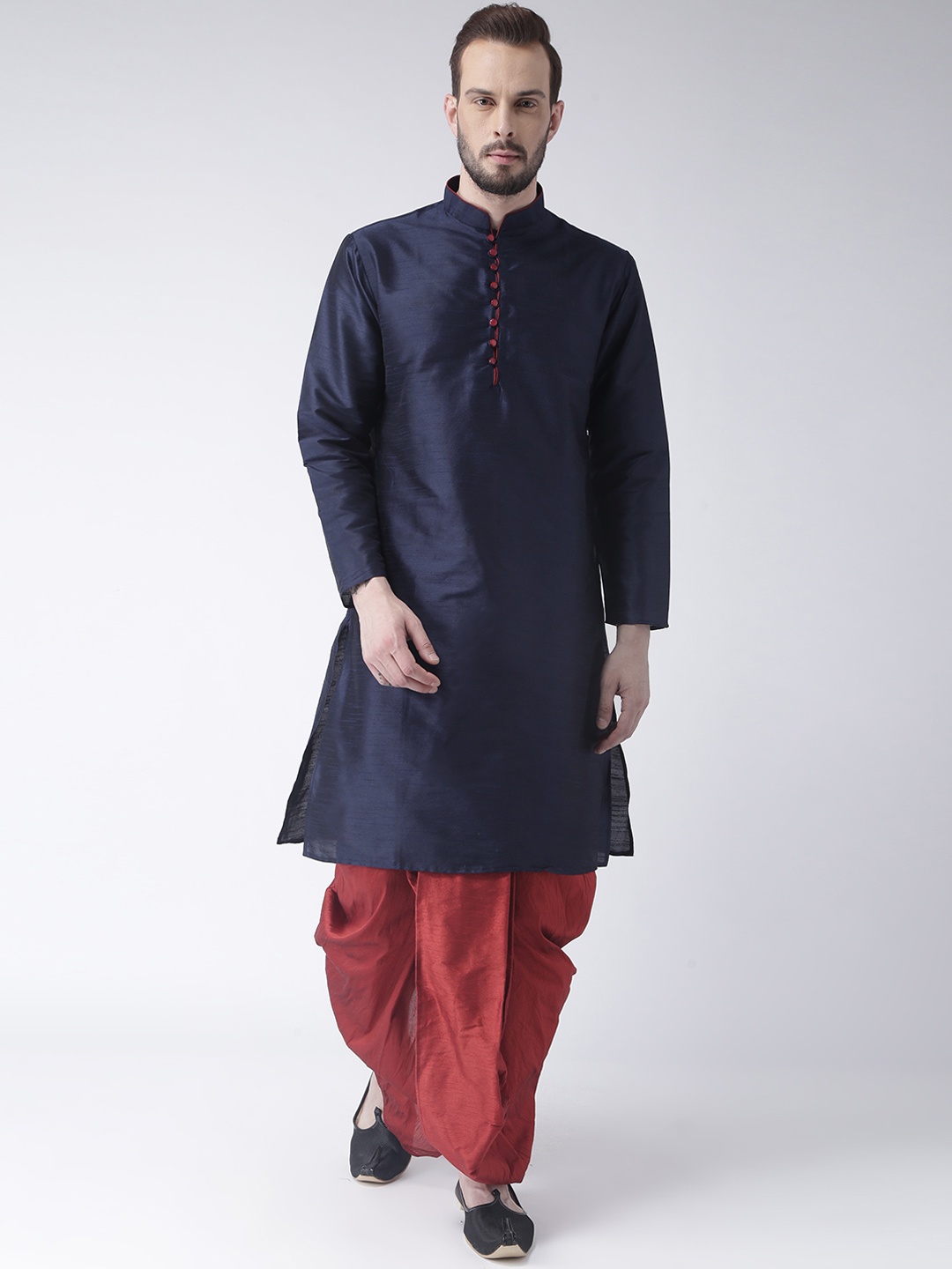 

Hangup Men Navy Blue & Maroon Solid Kurta with Dhoti Pants