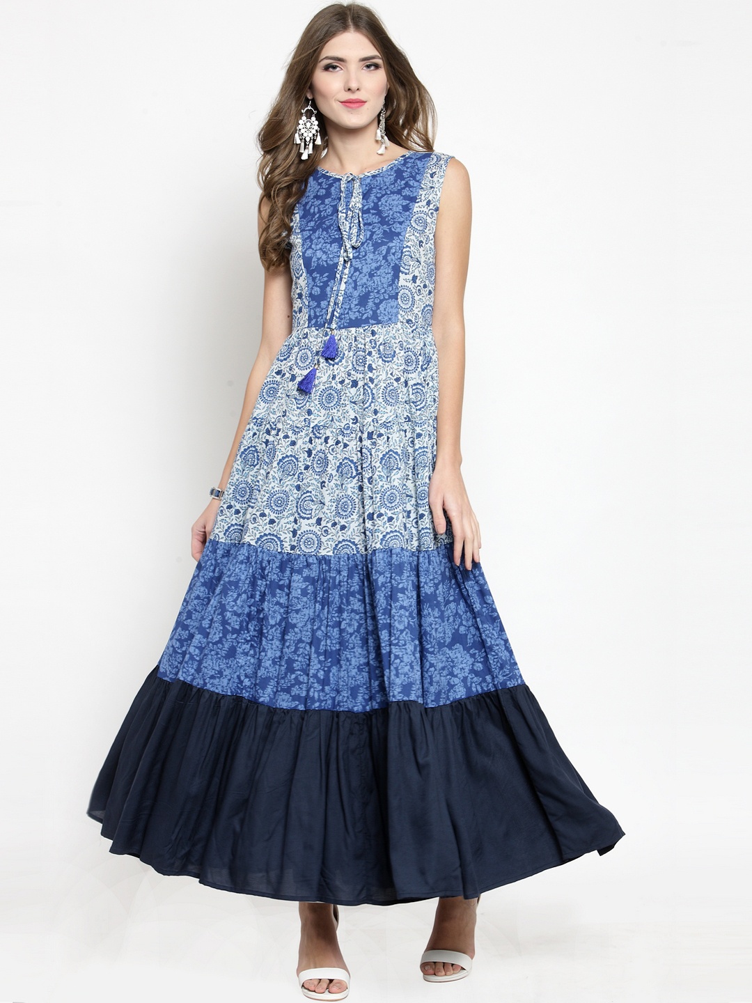 

Sera Women Blue & Off-White Tiered Print A-Line Kurta