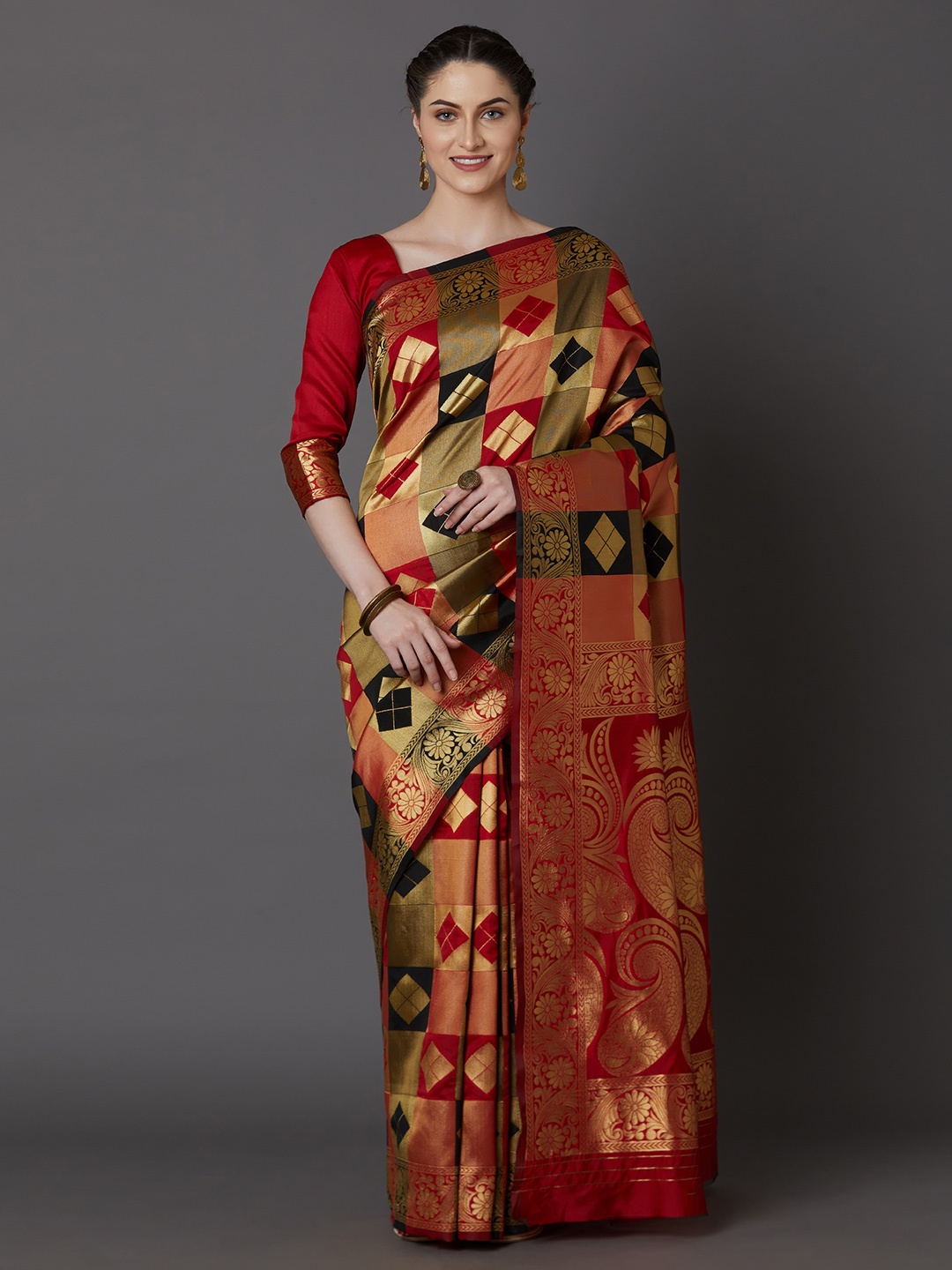 

Mitera Red & Gold-Toned Silk Blend Woven Design Banarasi Saree