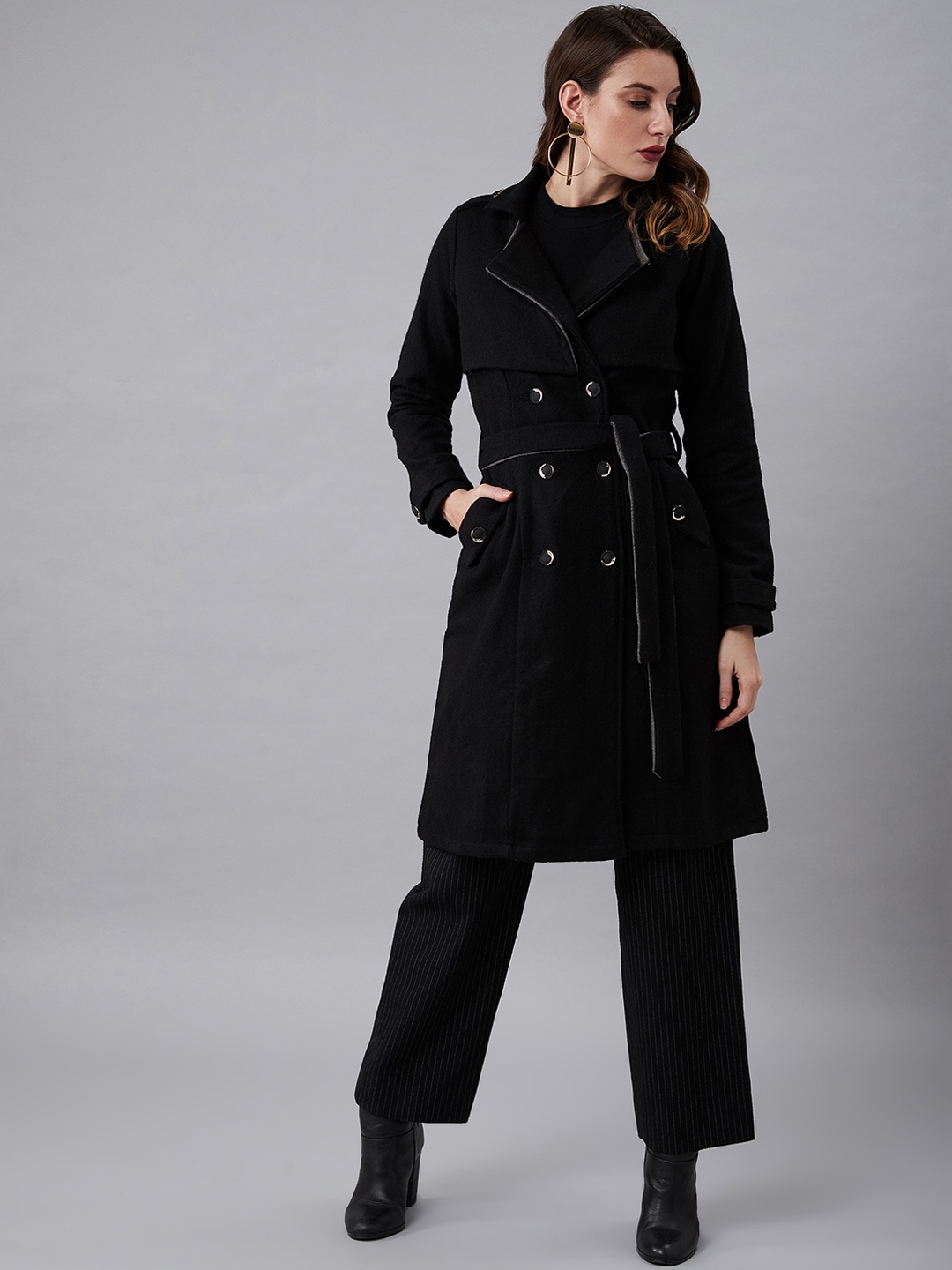 

Athena Women Black Solid Knee-Length Double-Breasted Wool Trench Coat