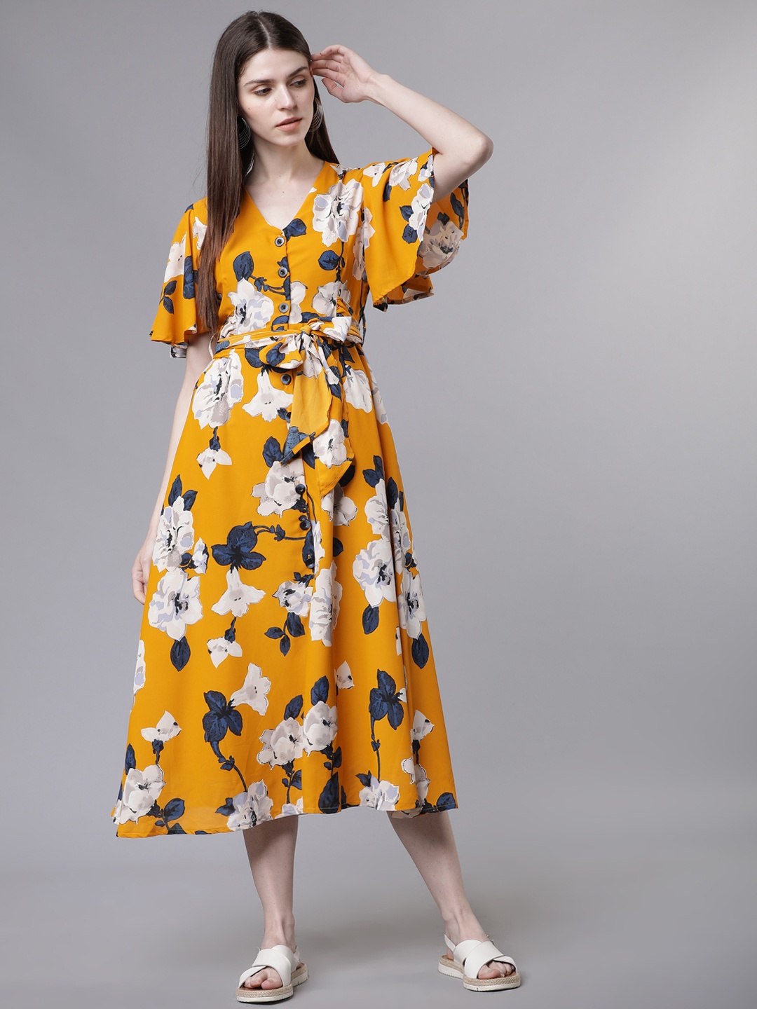 

Tokyo Talkies Women Mustard Yellow & White Printed Fit and Flare Dress