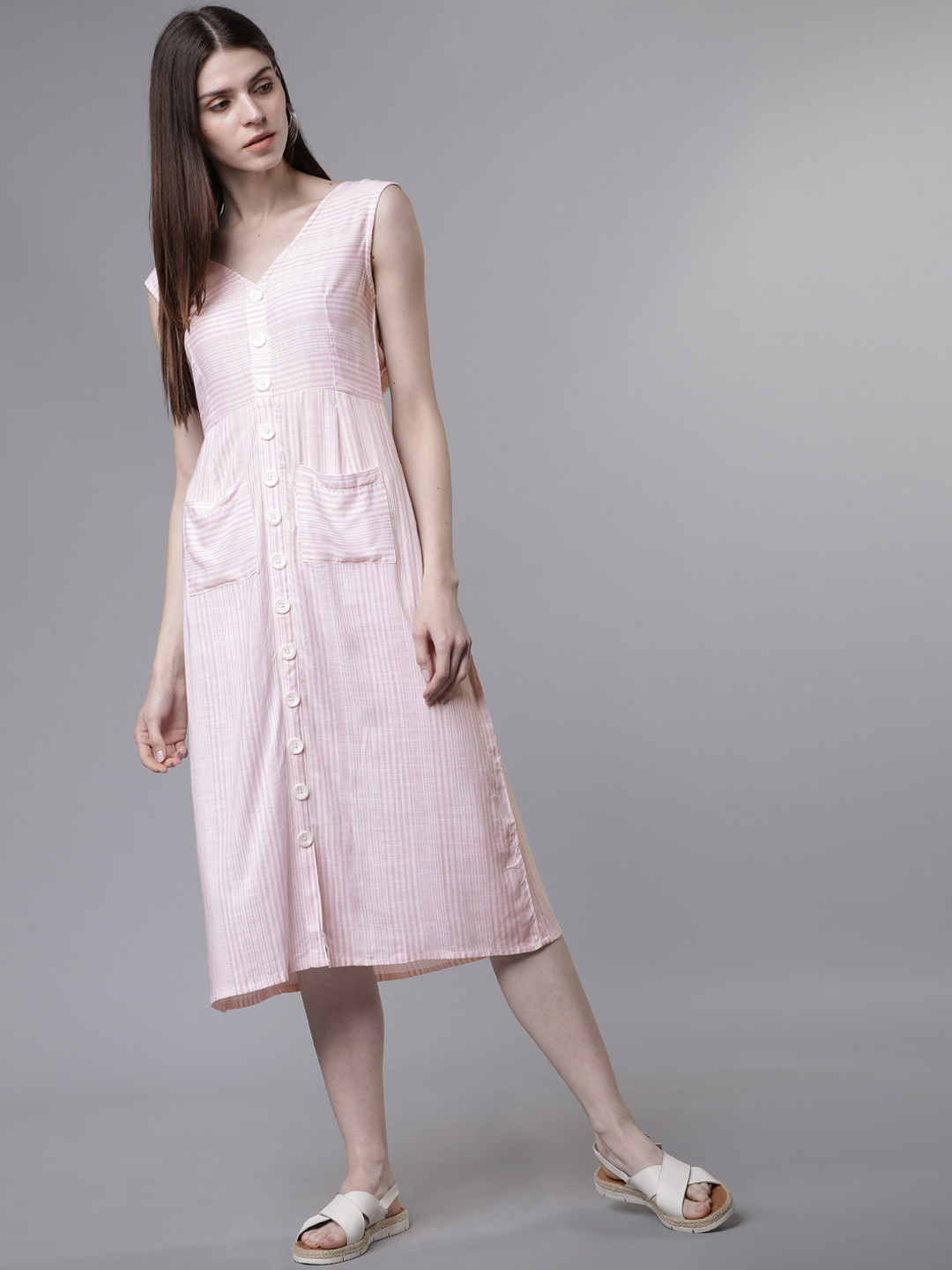 

Tokyo Talkies Women Pink & White Striped Fit and Flare Dress