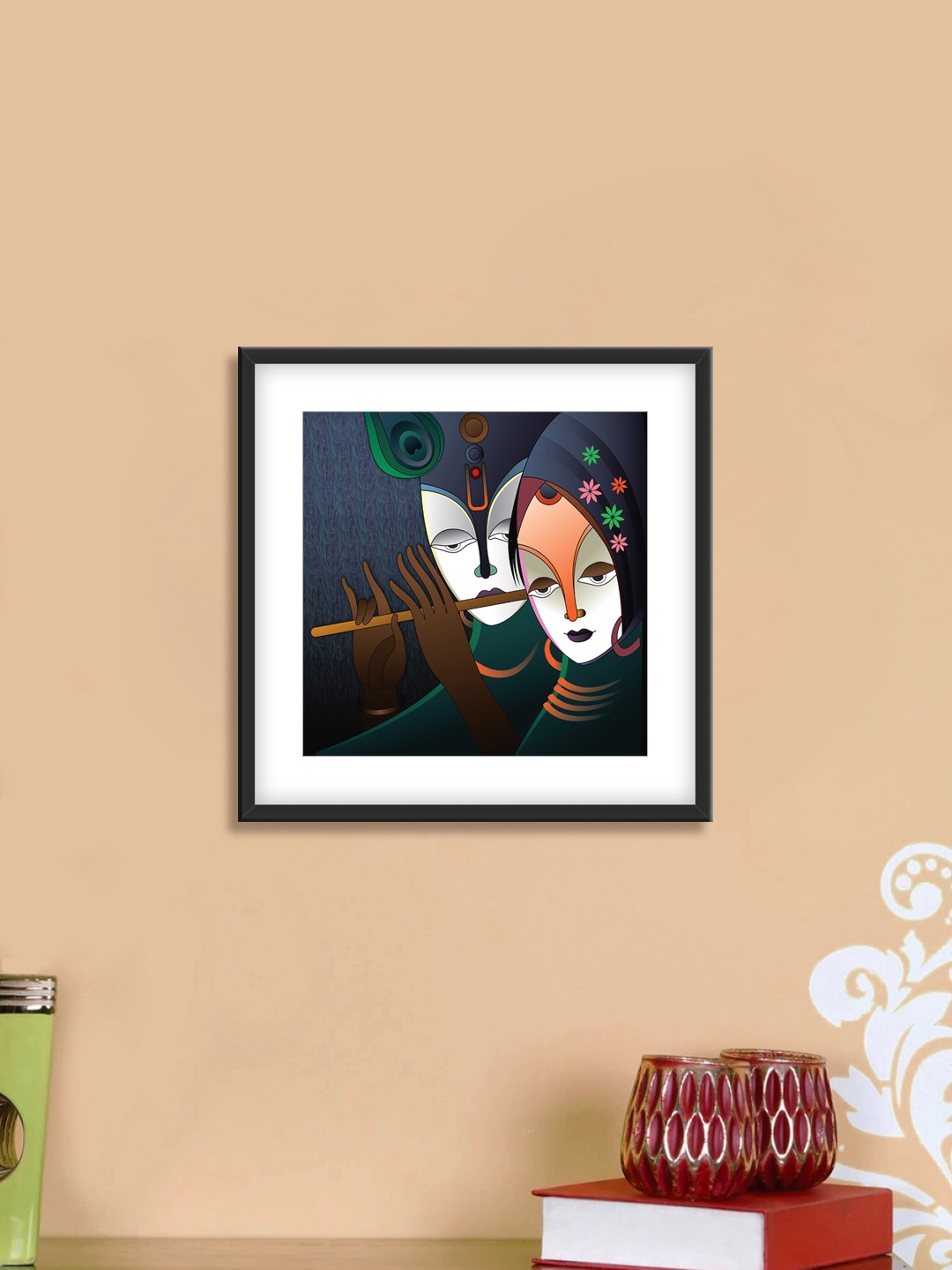 

999Store Black & Green Radha Krishna Cotton Canvas Digitally Printed Wall Art