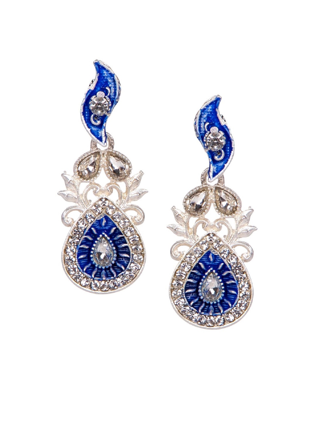 

ANIKAS CREATION Silver-Plated & Blue Leaf Shaped Enamelled Drop Earrings