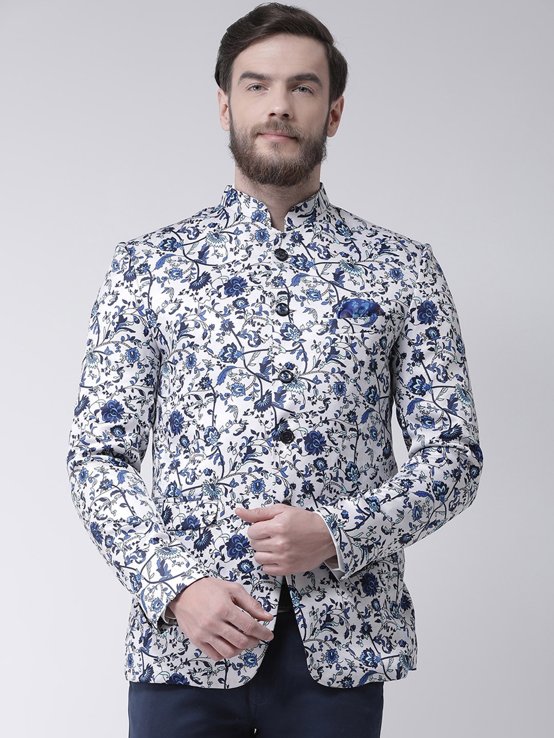 

Hangup Men Blue & White Printed Bandhgala Blazer