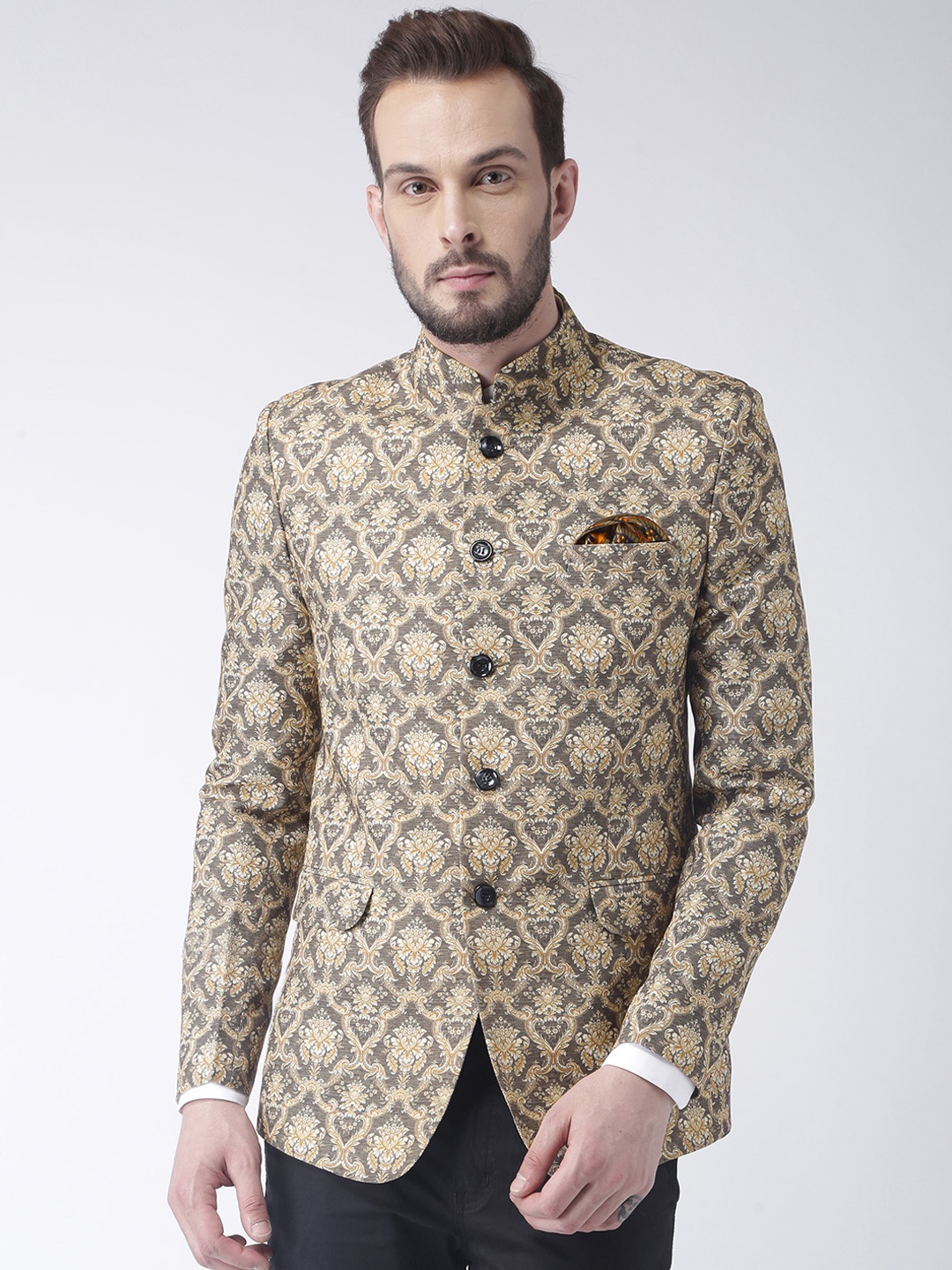 Hangup Men Grey & Yellow Printed Bandhgala Blazer