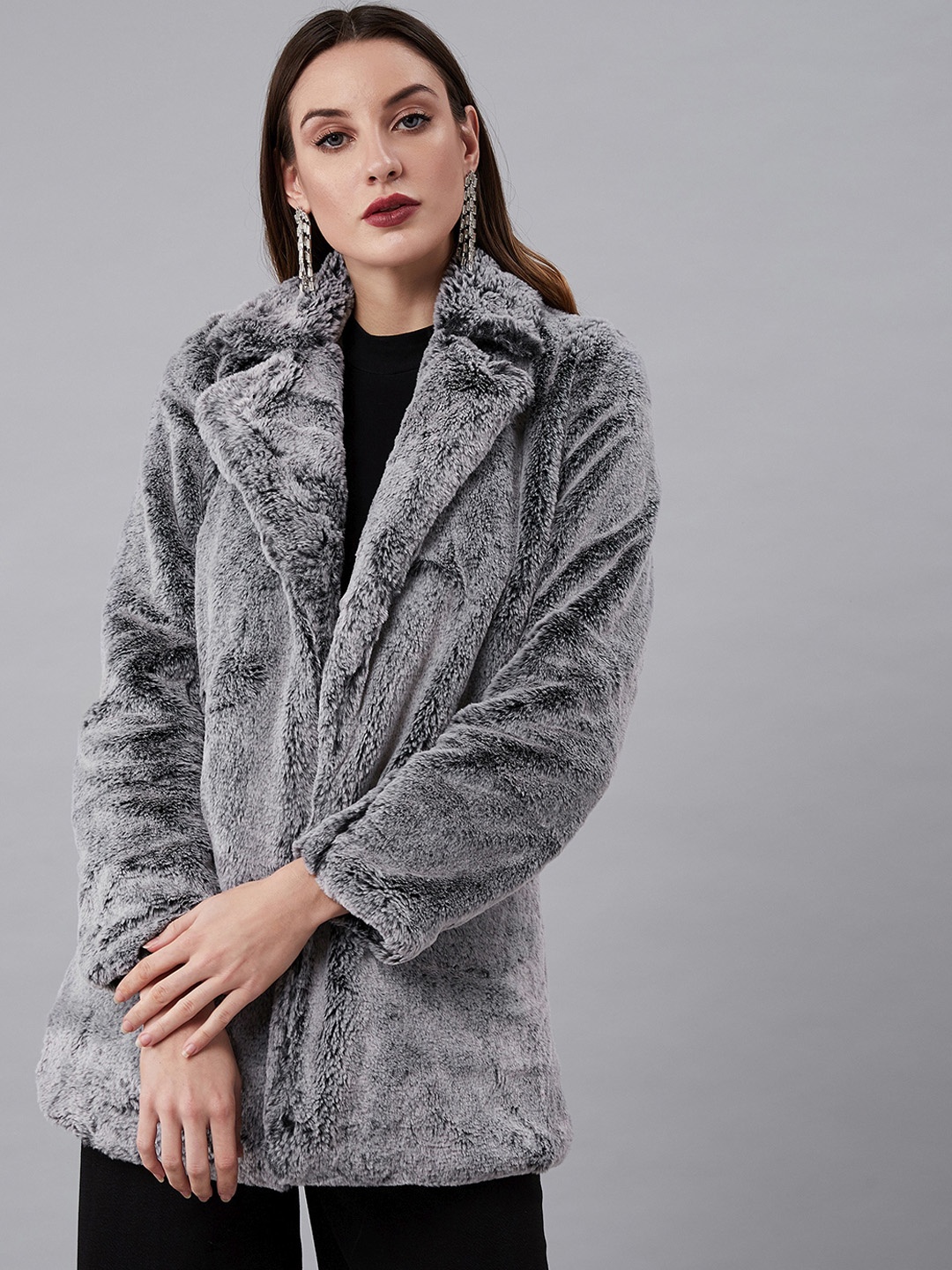 

Athena Women Grey Solid Hip-Length Faux Fur Overcoat