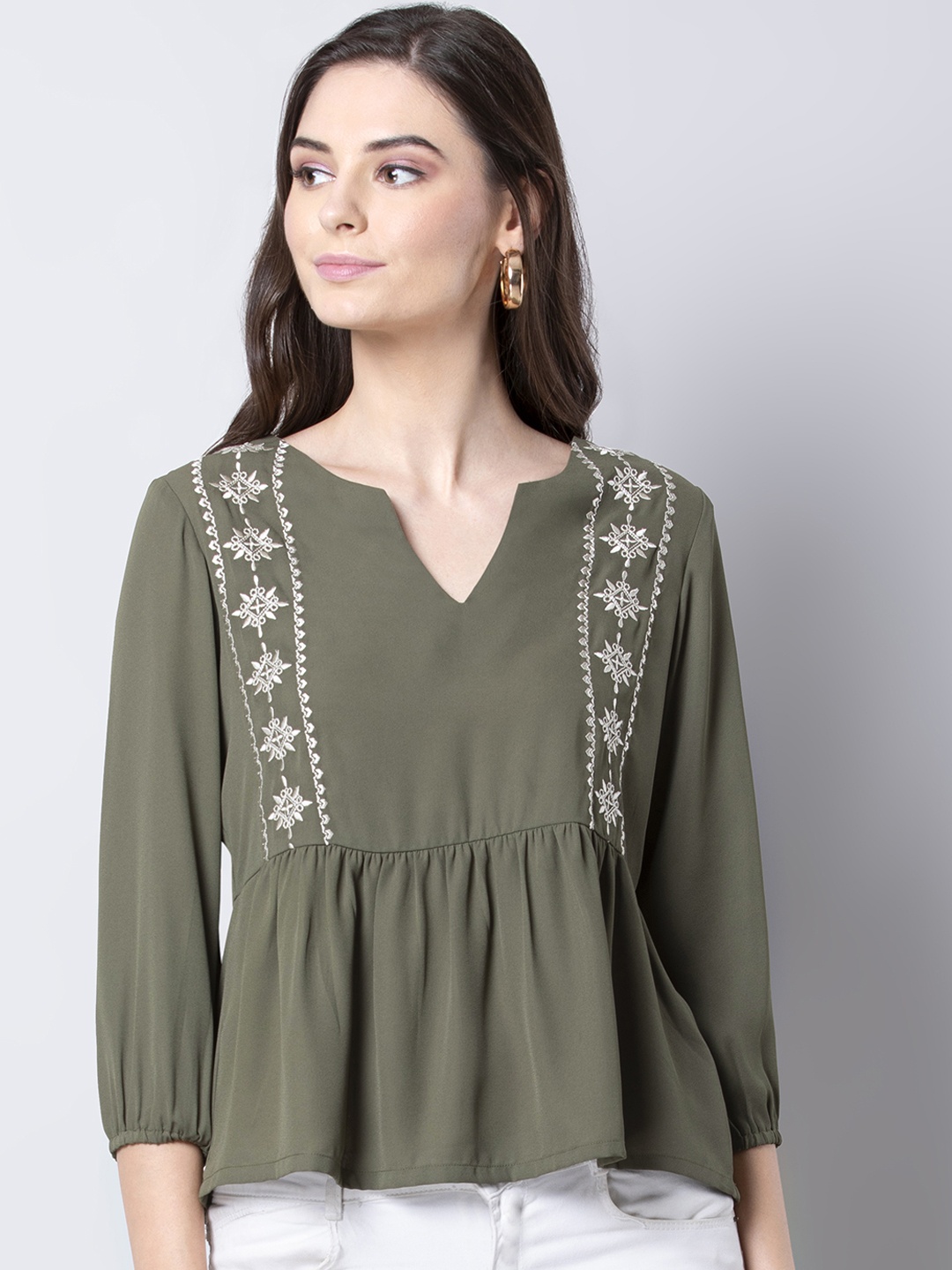 

FabAlley Women Green Embroidered Peplum Top