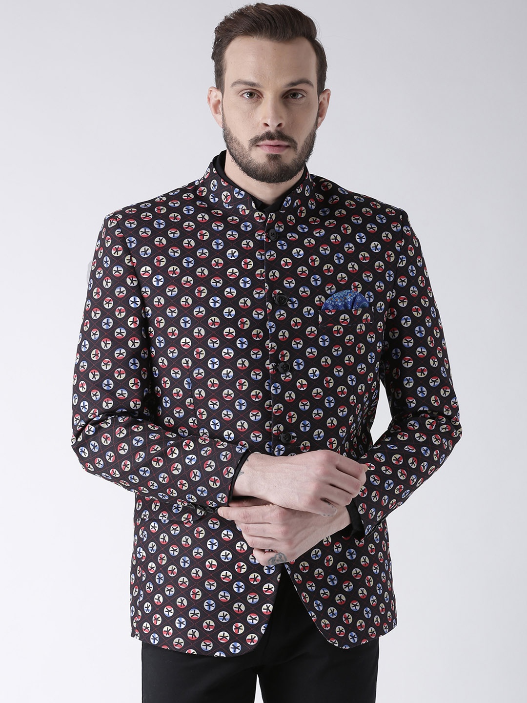

Hangup Men Black & Red Printed Bandhgala Blazer