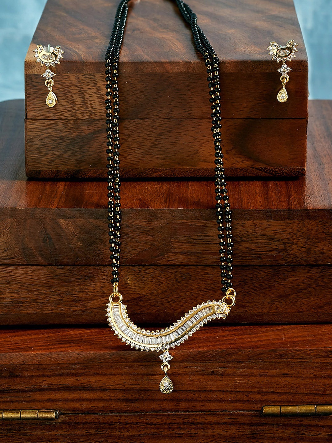 

PANASH Gold-Plated & White CZ Stone-Studded Mangalsutra With Earrings
