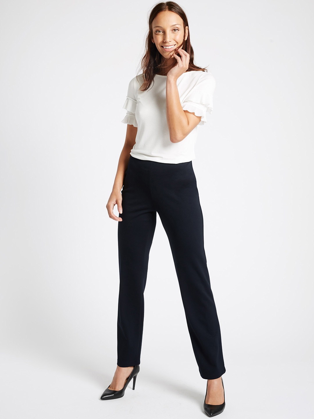 

Marks & Spencer Women Navy Blue Slim Fit Solid Regular Trousers
