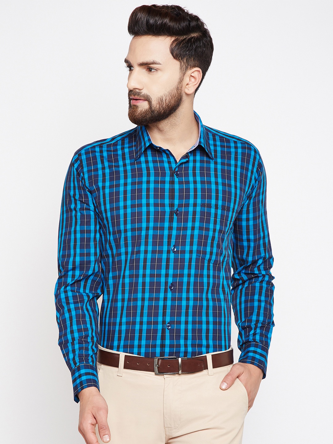 

Hancock Men Blue & Navy Blue Slim Fit Checked Formal Shirt