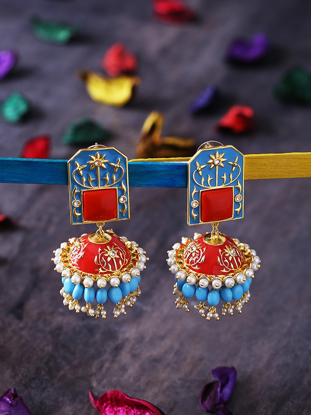 

Voylla Gold-Plated & Blue Dome Shaped Jhumkas