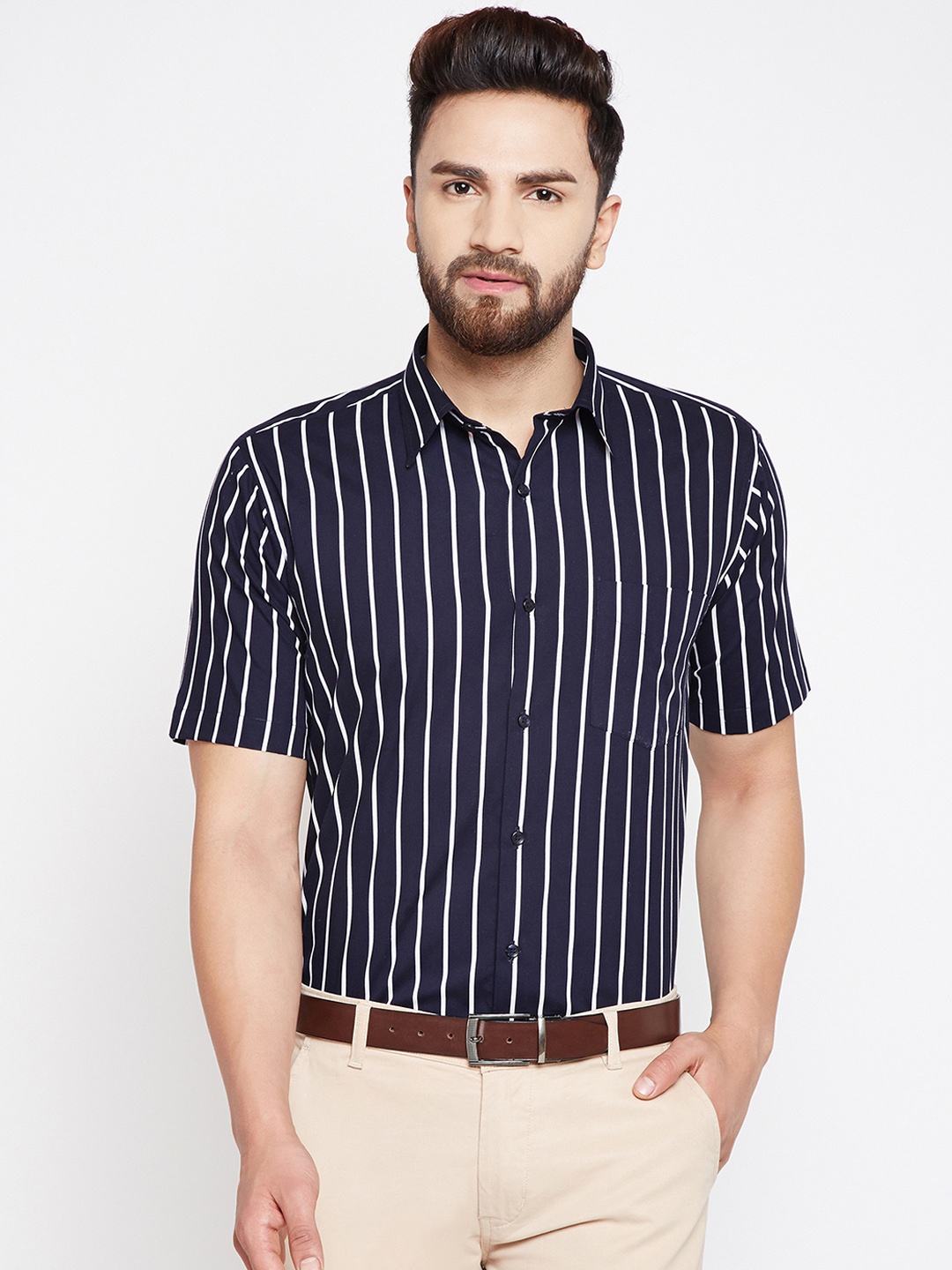 

Hancock Men Navy Blue & White Regular Fit Striped Formal Shirt
