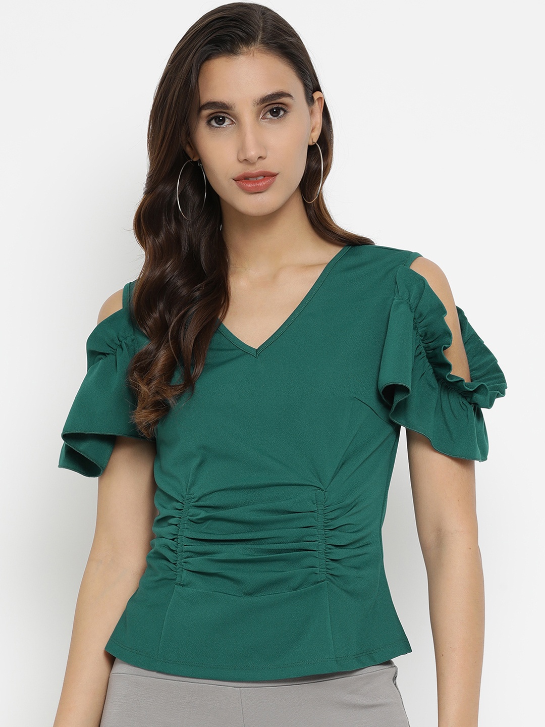 

Kazo Women Green Solid Cinched Waist Top