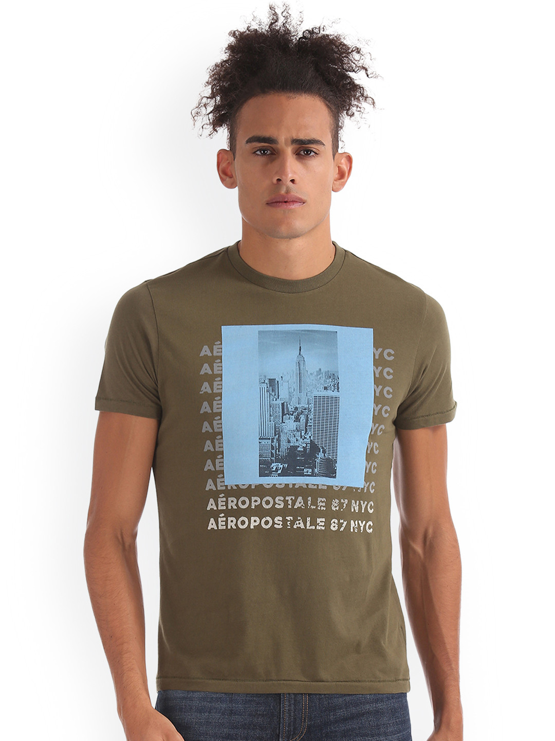 

Aeropostale Men Olive Green Blue Printed Round Neck Pure Cotton T-shirt