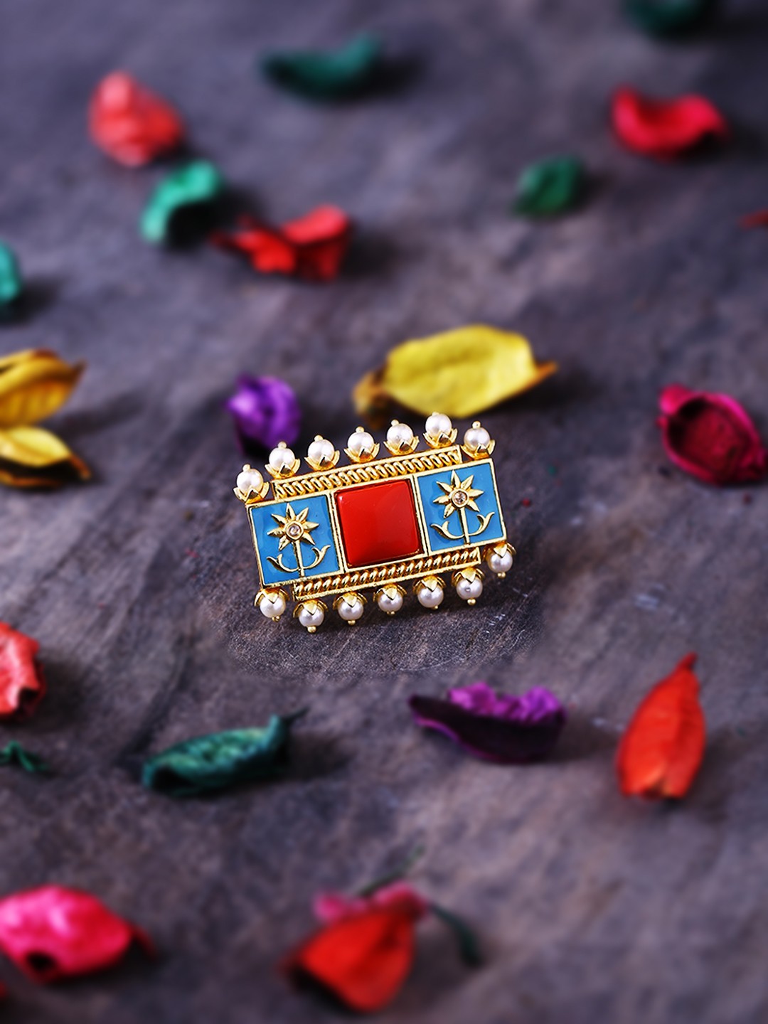 

Voylla Women Gold-Plated & Red Stone-Studded Adjustable Enamelled Finger Ring