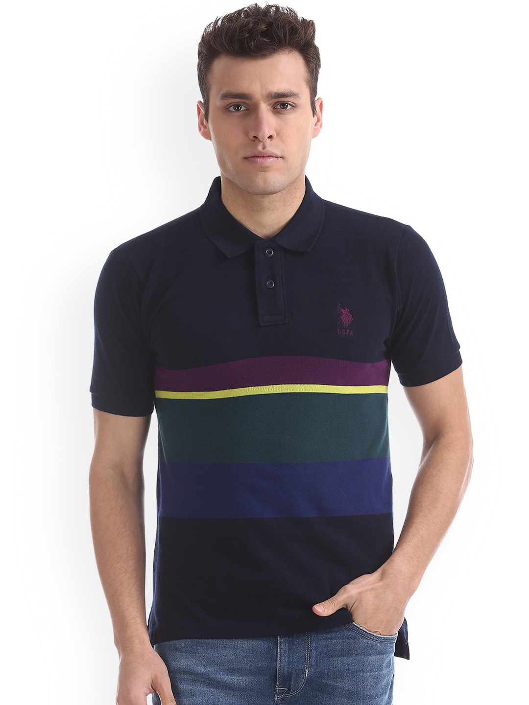

U.S. Polo Assn. Men Blue Green Striped Polo Collar Pure Cotton T-shirt