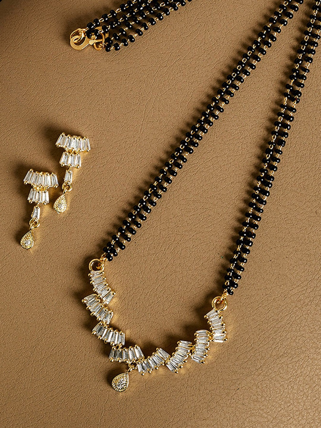 

PANASH Gold-Plated & White CZ Stone-Studded Mangalsutra With Earrings