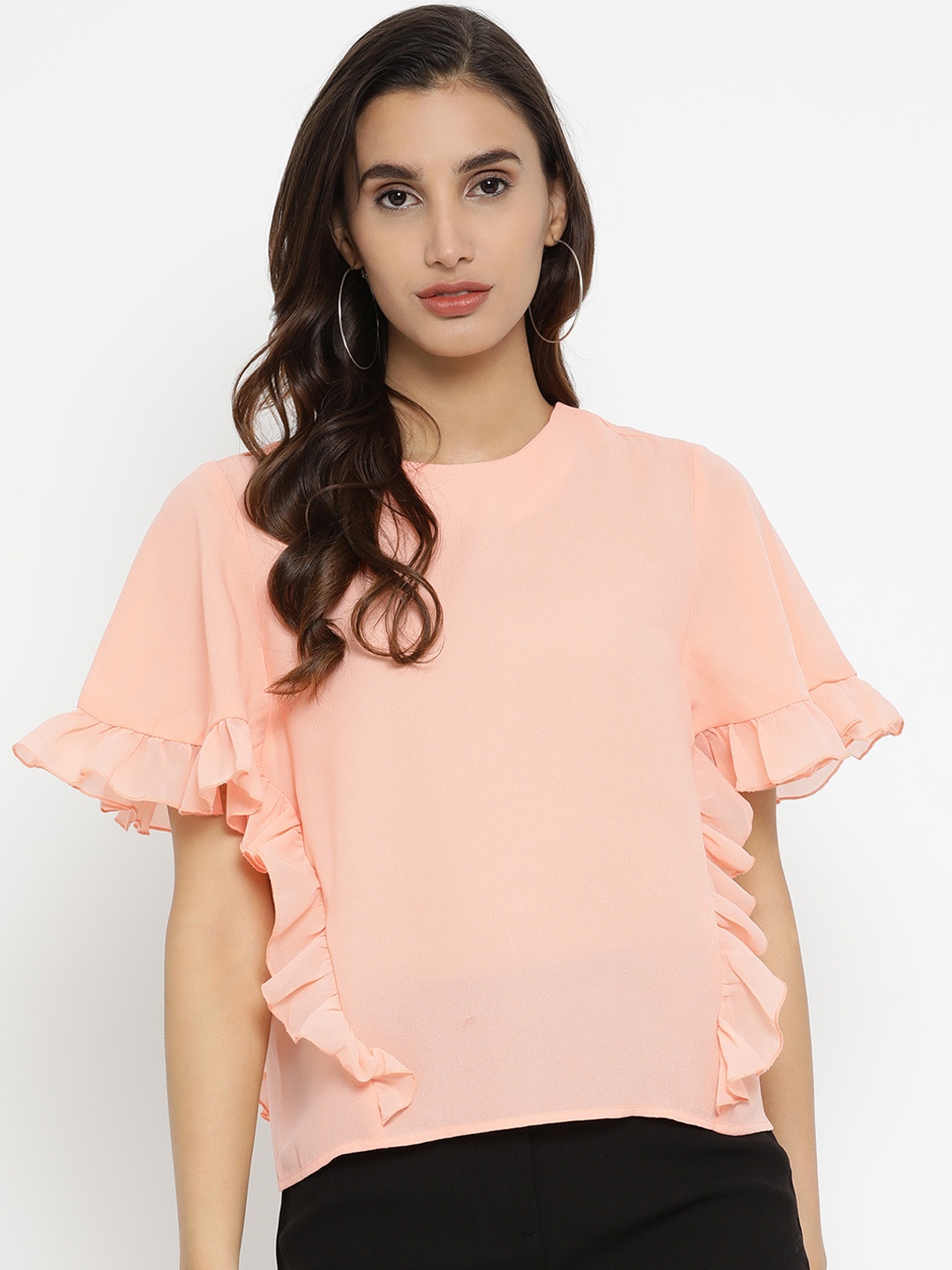

Kazo Women Peach-Coloured Solid Flared Sleeves Top
