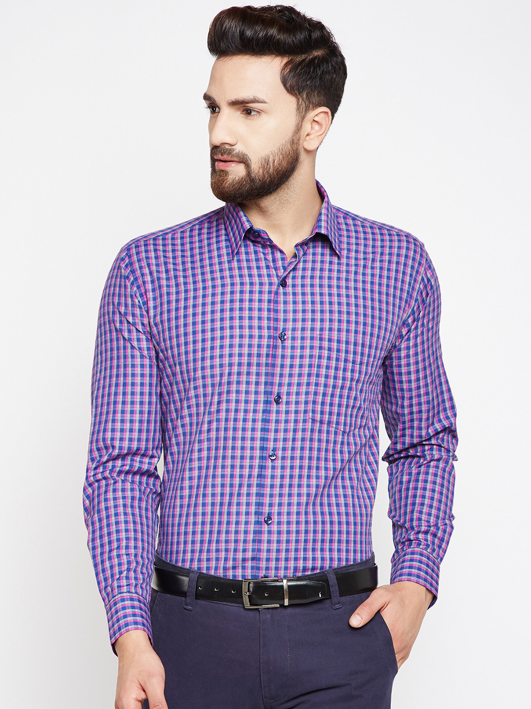 

Hancock Men Pink & Blue Slim Fit Checked Formal Shirt