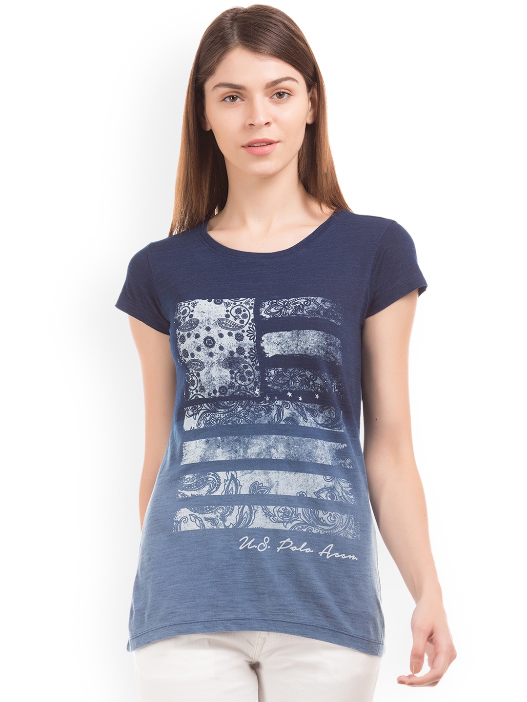 

U.S. Polo Assn. Women Blue Printed Round Neck Pure Cotton T-shirt