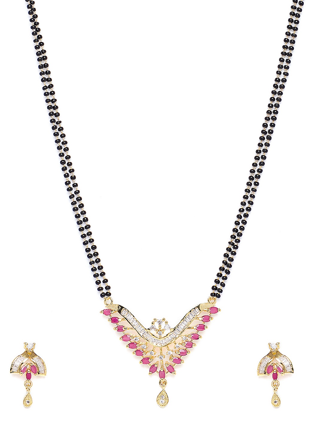 

PANASH Gold-Plated & Pink Cubic Zirconia Stone-Studded Mangalsutra With Earrings
