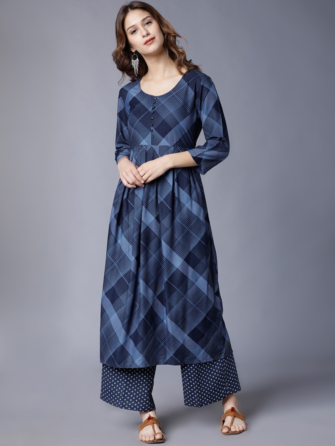 Vishudh Women Navy Blue Printed Kurta with Palazzos